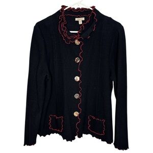 Venario Vtg Wool Women's Black Button Front Red Trim Sweater Large